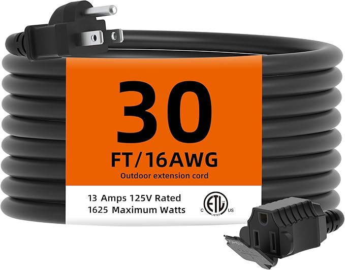 TiFFCOFiO Indoor Outdoor Extension Cord Waterproof, 30 Feet 3 Prong Power Cord for Home and Garden, 16 AWG, 13A/1625W, ETL Listed