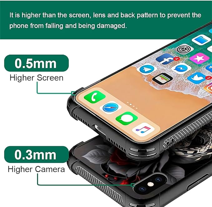 for iPhone X/Xs Case, Entwined Rose Snake Pattern Graphic Design Girl Boy Soft Silicone Hard Acrylic Shock Protection for iPhone X/Xs