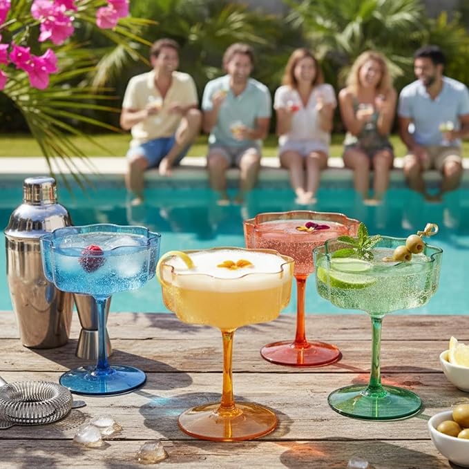 Khen Shatterproof Acrylic Flower Wavy Vintage Art Deco Martini, Champagne & Cocktail Muted Pastel Color Plastic Tritan Coupe Glasses | 4 Set | 8.5oz Glassware Classic Cocktail Indoor & Outdoor Set