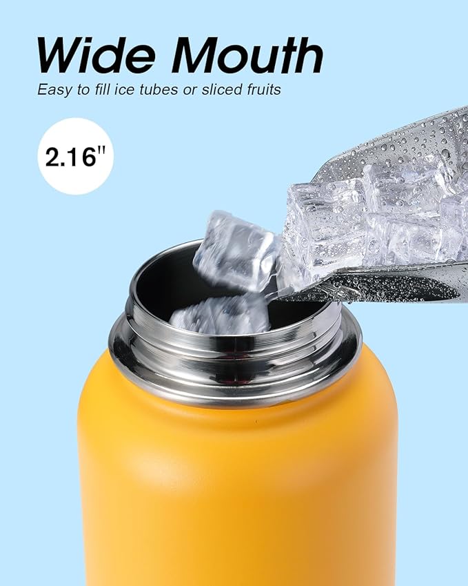 Water Bottle 40 oz Insulated with Straw&Brush, Coolflask Vaccum Stainless Steel Metal 3 Lids Water Flask for Sports, Gym or Office, Keep Cold 48H Hot 24H, Ombre Yellow/Orange