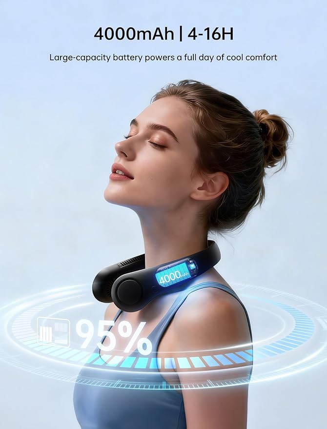 JISULIFE Portable Neck Fan, Hands-Free Bladeless, 5 Speeds, 4000 mAh Battery Operated Wearable Personal Fan, Twistable, Rechargeable, Gift for Women Men-Black