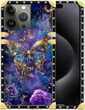 Compatible with iPhone 16 Pro Max Case, Glistening Golden Butterfly Vibrant Purple Blue Luxury Golden Decoration for Girl Women Soft TPU Shockproof Protective PC Back