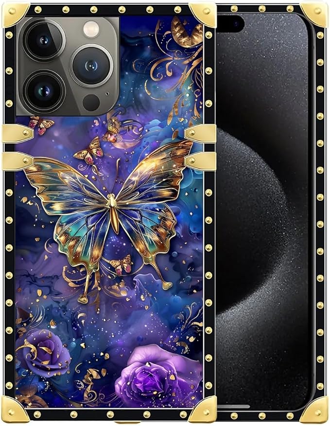 Compatible with iPhone 16 Pro Max Case, Glistening Golden Butterfly Vibrant Purple Blue Luxury Golden Decoration for Girl Women Soft TPU Shockproof Protective PC Back