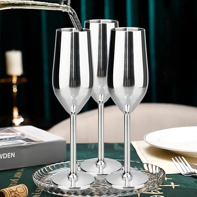 TJ Unbreakable 8 Oz Stainless Steel Champagne Flutes (2 Pack)- Silver Champagne Glasses - Reusable Indoor Outdoor Drinkware - Keeps Drink Cool for Longer - Gift Idea