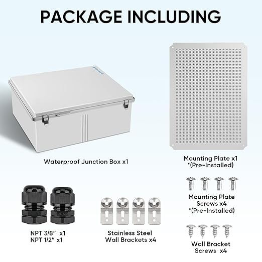 TICONN Outdoor Electrical Box Waterproof, Junction Box IP67 ABS Plastic Enclosure with Hinged Cover with Mounting Plate, Wall Brackets, Cable Glands (Off-White, 19.7"x15.7"x7.9")