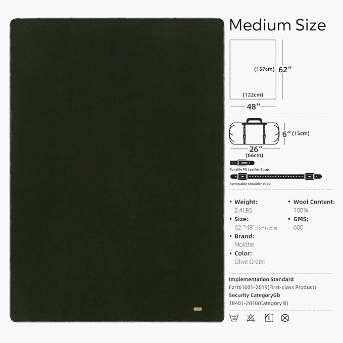 Molithe 100% Wool Blanket, 48" x 62", Warm, Thick, Washable, Military Wool Blanket, Great for Camping, Outdoors, Sporting Events, Survival Kits，Olive Green