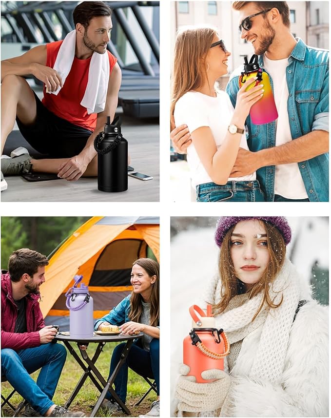BENZZO 64 oz Water Bottle Insulated - Keep Cold 48H & Hot 24H, Half Gallon Water Jug with Paracord Handle, Straw Spout Lids, Stainless Steel Flask Canteen, Large Water Bottle for Women Men Work Sport