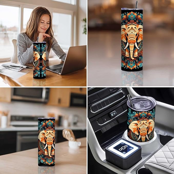 Firmiso 20 oz Tumbler｜Skinny Insulated Travel Mug｜Mandala Elephant Stainless Steel Cup with Lid and Telescopic Straw｜Boho Artistic Drinkware｜Gifts Idea for Women Men