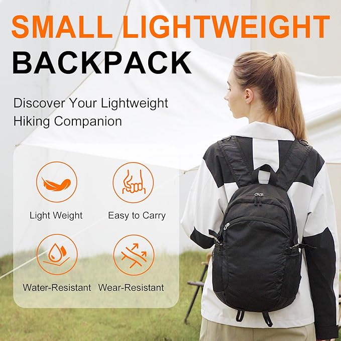 Small Hiking Backpack Travel Lightweight Hiking Packable Daypack Water-Resistant Foldable Backpacks 15L for Travel Women Men Camping (Black)