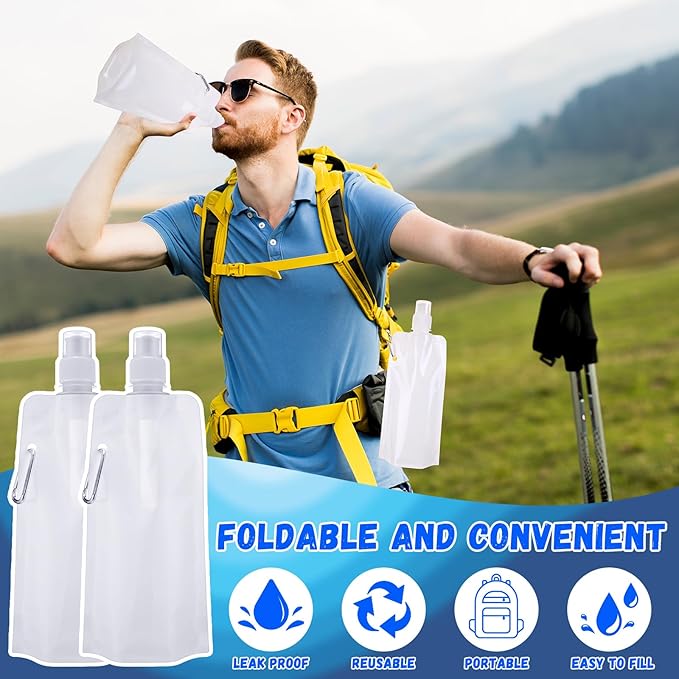 Teenyyou 48 Pack Collapsible Water Bottles Bulk 16oz Foldable Water Bottles with Carabiner Reusable Drinking Leak Proof Container Bags for Sport Biking Hiking Camping Travel Outdoor (White)