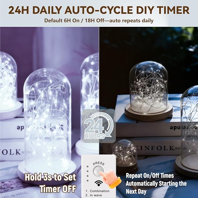HXWEIYE Rechargeable Fairy Lights Battery Operated, DIY Timer & 8 Modes, 2 Pack 16FT 50LED Twinkle String Lights Indoor, Led mini Lights for Bedroom Wedding Dorm Christmas Tree Decor (White)