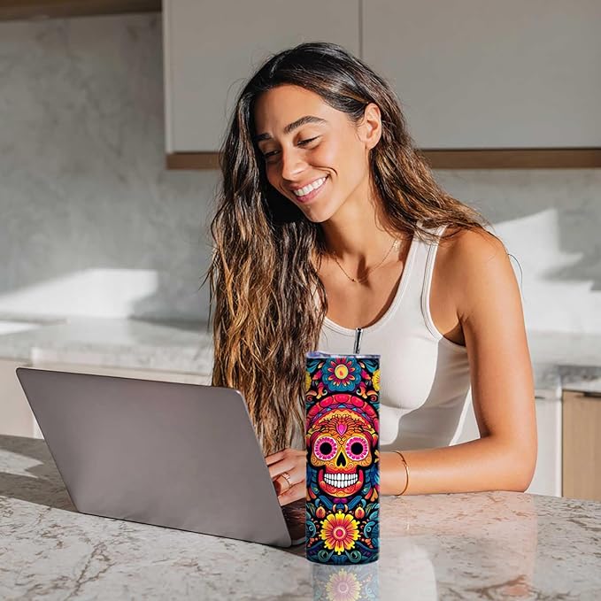 Firmiso 20 oz Tumbler｜Skinny Insulated Travel Mug｜Sugar Skull Floral Stainless Steel Cup with Leak Proof Lid and Telescopic Straw｜Colorful Gothic Boho Drinkware｜Gift Idea for Women Men