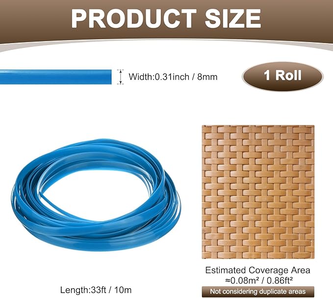 M METERXITY 1-Pack Wicker Repair Kit, 8mm x 33ft/10m Plastic Flat Rattan Replacement Supplies for Patio Furniture Repair/Basket Making/Chair Weaving, Synthetic Woven Rattan [Blue]
