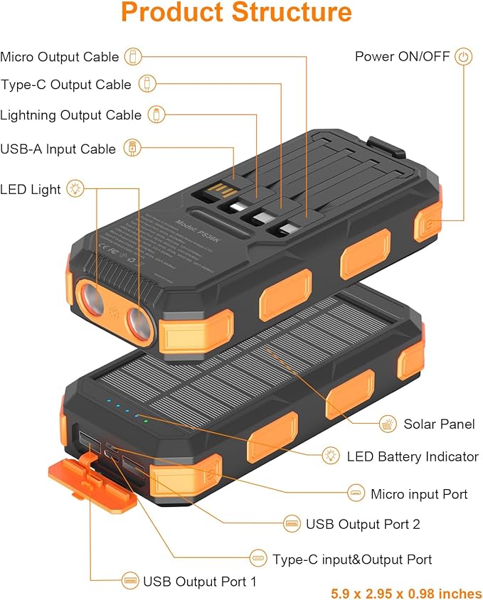 Solar Charger Power Bank 38800mAh, PD 22.5W USB-C Fast Charging Portable Charger with 4 Built-in Cables, External Battery Pack with Dual LED Emergency Flashlights for Camping, Hiking, Outdoor Use