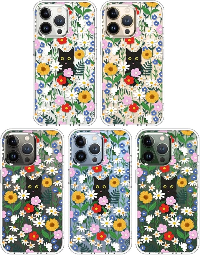 MOSNOVO Case for iPhone 13 Pro, [Buffertech 6.6ft Military-Grade Drop Protection] [Anti Peel Off Tech] Clear TPU Bumper Phone Case Cover Design - Black Cat in Garden