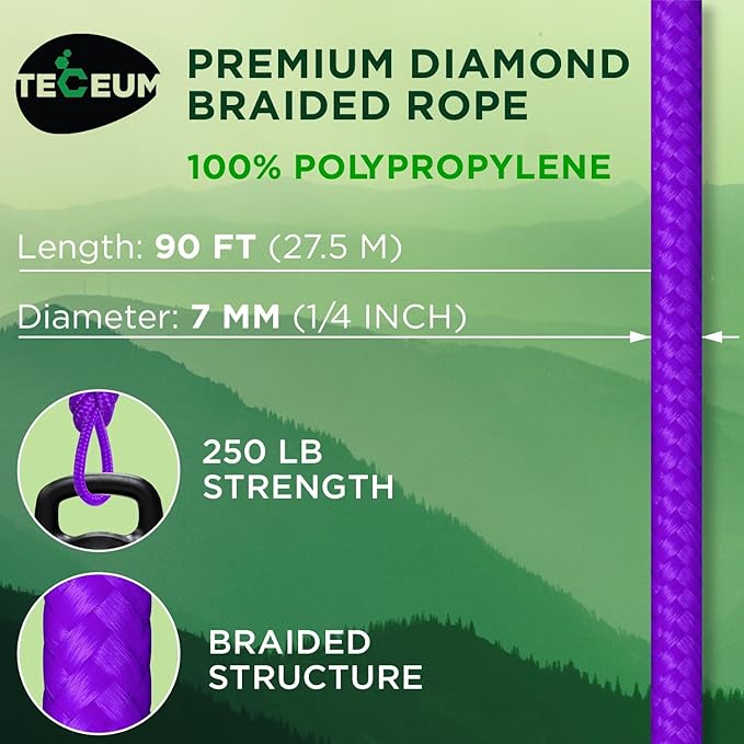TECEUM Rope – 90 Feet x 1/4 Inch (7mm) – Purple – Strong All-Purpose Utility Rope – Camping, Crafting, Flag Pole, Indoor & Outdoor – Polypropylene Nylon Poly Lightweight Diamond Braided Cord