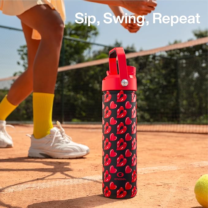 ENCOOL Valentine's Day Insulated Water Bottle with Straw Stainless Steel Water Bottle, Leak-Proof, BPA-Free, Keeps Cold for 24 Hours for Sports, Travel, School (26 oz, Kiss Love Red x Black)