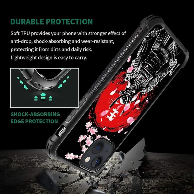for iPhone 15 Case, Sakura Japanese Samurai Pattern Graphic Design Girl Boy Soft Silicone Hard Acrylic Shock Protection for iPhone 15