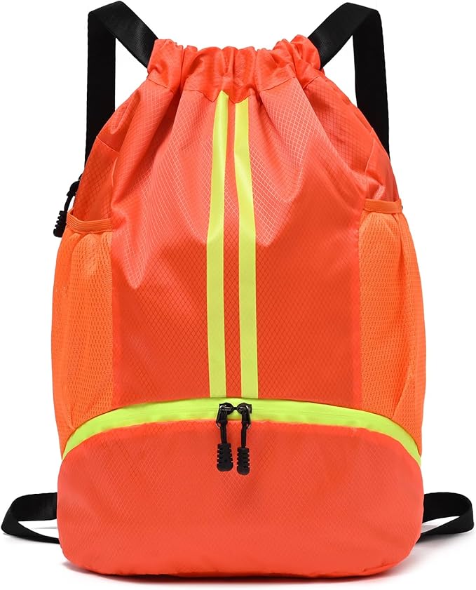 LOKAPEGY Drawstring Gym Bag for Men, Waterproof Drawstring Backpack for Women, Swim with Shoes Compartment, Pull String Sport Bag for Soccer and Basketball. (Orange)