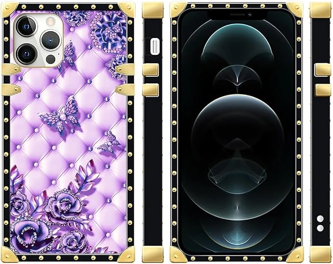 Compatible with iPhone 12 Pro Max Case, Purple Butterfly Flowers Leaf Luxury Golden Decoration for Girl Women Soft TPU Shockproof Protective Hard PC Back for iPhone 12 Pro Max