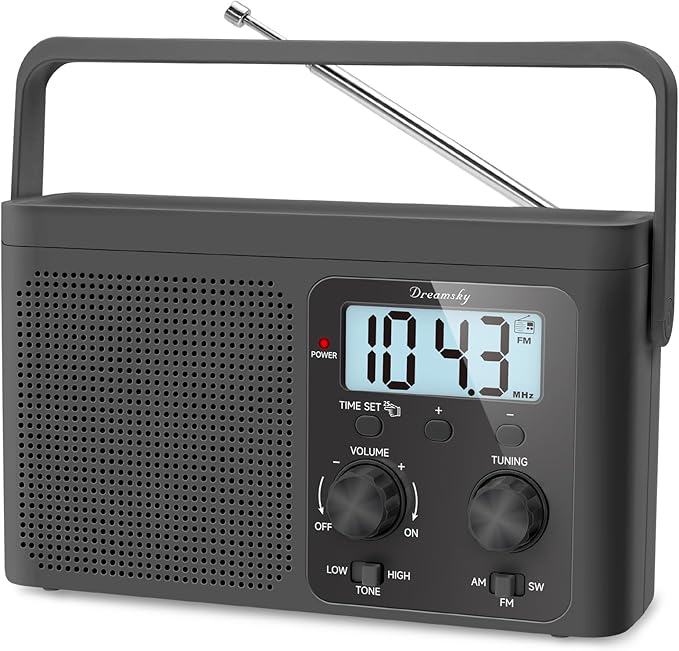 DreamSky AM FM Radio Portable - Shortwave Radio Battery Powered or Plug in Wall for Home Outdoor, Strong Reception, Large Dial Easy to Use, Digital Time Display, Transistor Antenna, Seniors Small Gift