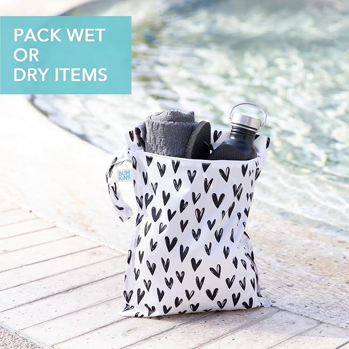 Bumkins Waterproof Wet Bag for Baby, Travel, Swim Suit, Cloth Diapers, Pump Parts, Pool, Beach, Gym Clothes, Toiletry, Hook to Stroller, Daycare, Zipper Reusable Wetdry Packing Pouch, Black Hearts