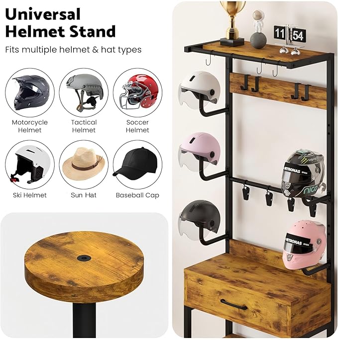 Kikihouse Freestanding Floor Mounted Helmet & Gear Storage Rack, Adjustable Organizer with Glove Clips, Hooks, Drawer & Shoe Shelf for Motorcycle, Cycling, Skiing Equipment
