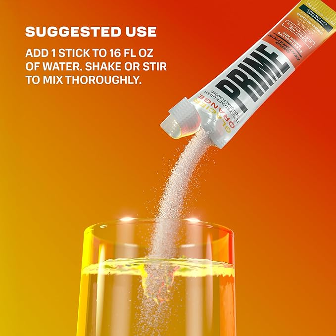 PRIME Rapid Rehydration Electrolyte Powder Sticks, Glacier Orange, Sugar Free Hydration Drink Mix with Sodium, Potassium, Magnesium & B Vitamins to Replenish Fluids, Caffeine Free, 16 Count