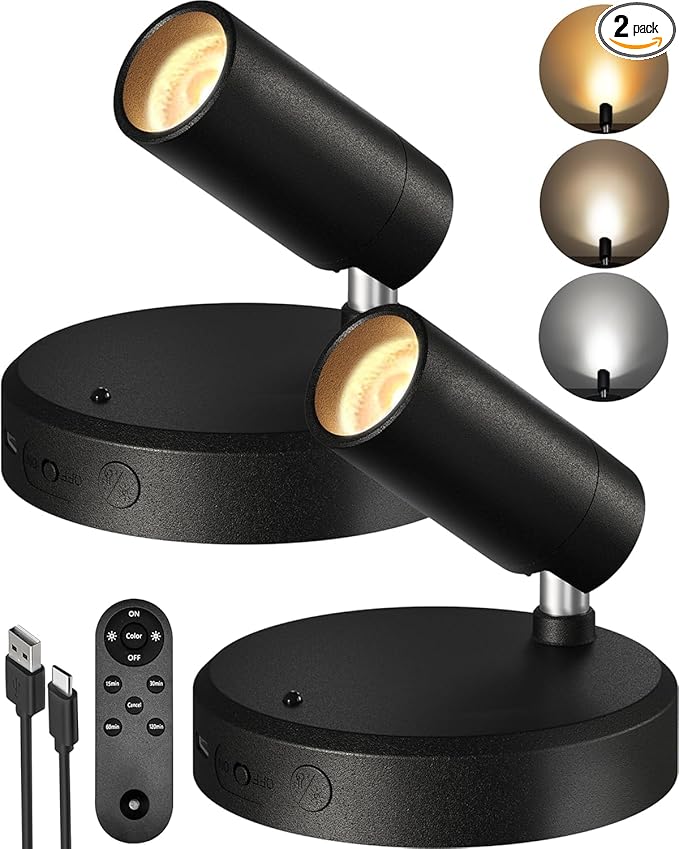 EZVALO Spotlights Indoor with Remote, 5500mAh Rechargeable Picture Lights, Wireless Uplights with Timer & Dimmable, 3-CCT, Display Lights for Plant, Painting, Artwork, Accent Lighting (2-Pack Black)