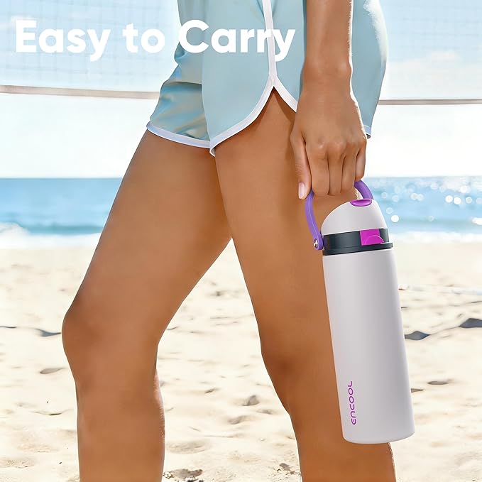 Insulated Water Bottle with Straw - Encool Stainless Steel Water Bottle with Push Button Lid, Leak-Proof & BPA-Free, Keeps Cold for 24 Hours for Sports, Travel, Gym (32 oz, Oyster Pink)