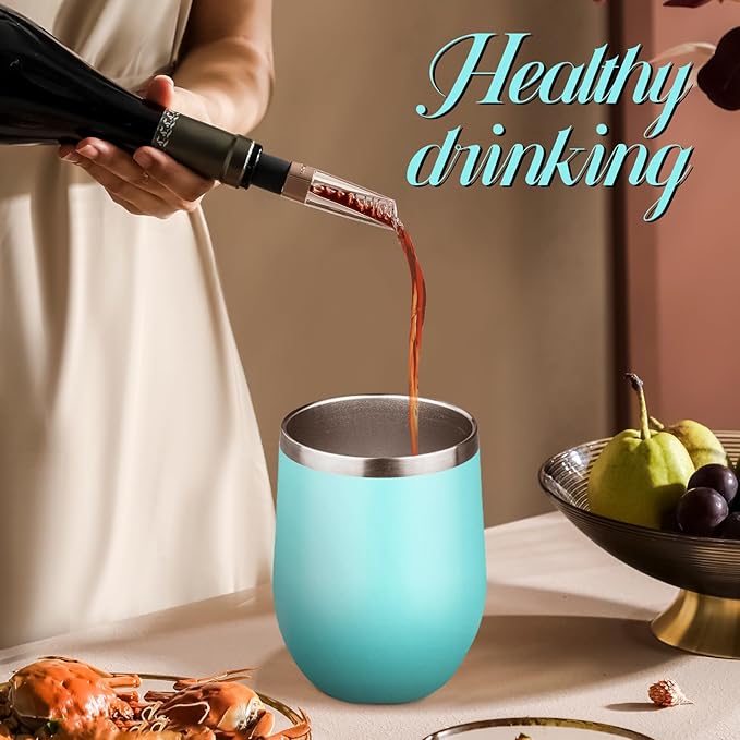 12oz Stemless Wine Tumbler with Lid Double Wall Insulated Wine Cup Stainless Steel Glasses Tumbler with Straw Insulated cocktail Tumbler Coffee Mug for Hot and Cold Beverages (Multicolor-4,4Pack)