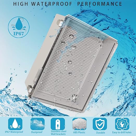 Waterproof Electrical Box Junction Box Weatherproof IP67 ABS Plastic Enclosure Switch Router Project Box Electronics DIY Enclosure with Mounting Plate and Wall Bracket Clear 13.8"x9.8"x5.9"