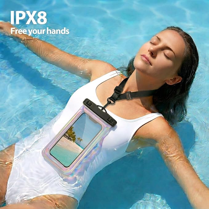 Floatable Waterproof Phone Pouch Case for iPhone 17 16 Pro Max/15/14, IP68 Travel Cellphone Dry Bag Beach Cruise Ship Essentials Bags with Crossbody Lanyard, Iridescent Purple with Word - 7″