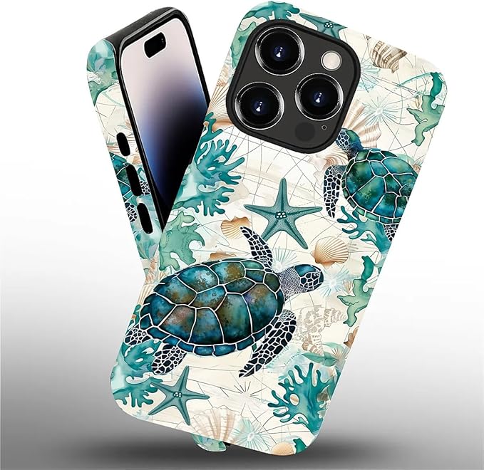for iPhone 14 Pro Case,HH2 Ocean Sea Turtle Nautical Map Hybrid 2 Layer Hard Shell Silicone Protective Pattern Design Case