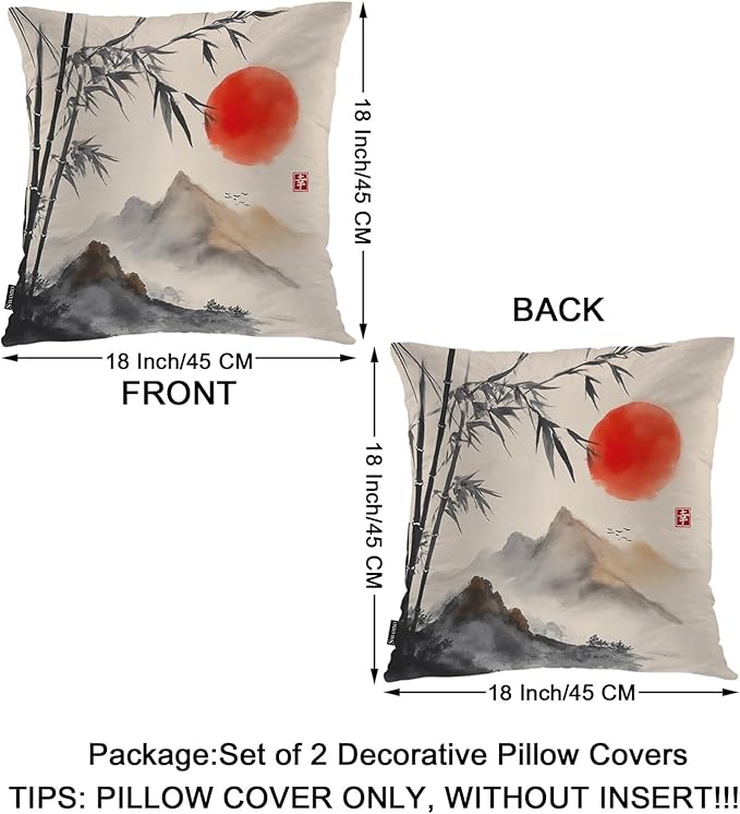 Swono Outdoor Pillow Covers Bamboo, Japanese Bamboo Trees Mountains Red Sun Painting Home Decorative Throw Pillow Case Cushion Cover for Men/Woman/Bed/Sofa/Office/Car, 18x18 Inch 2Pcs Pillow Covers