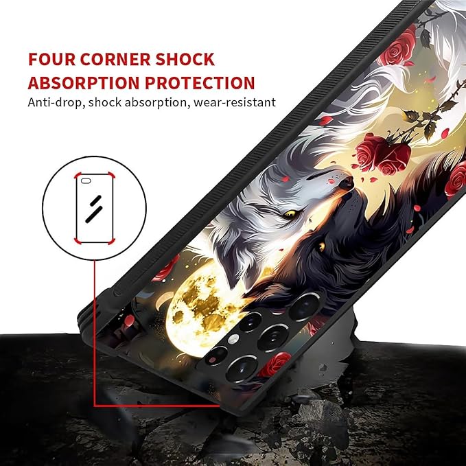 for Samsung Galaxy S23 Ultra Case, Black White Wolf Moon Flower Rose Pattern Graphic Design Girl Boy Soft Silicone Hard Acrylic Shock Protection for Samsung Galaxy S23 Ultra