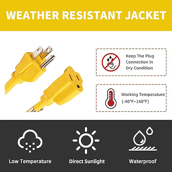 Indoor/Outdoor Extension Cord, 14 Gauge 10FT Yellow 3 Prong Heavy Duty, Weatherproof, UL Certified, 14/3 SJTW 15A Power Cord for Outdoor Lights, Appliances, Lawn