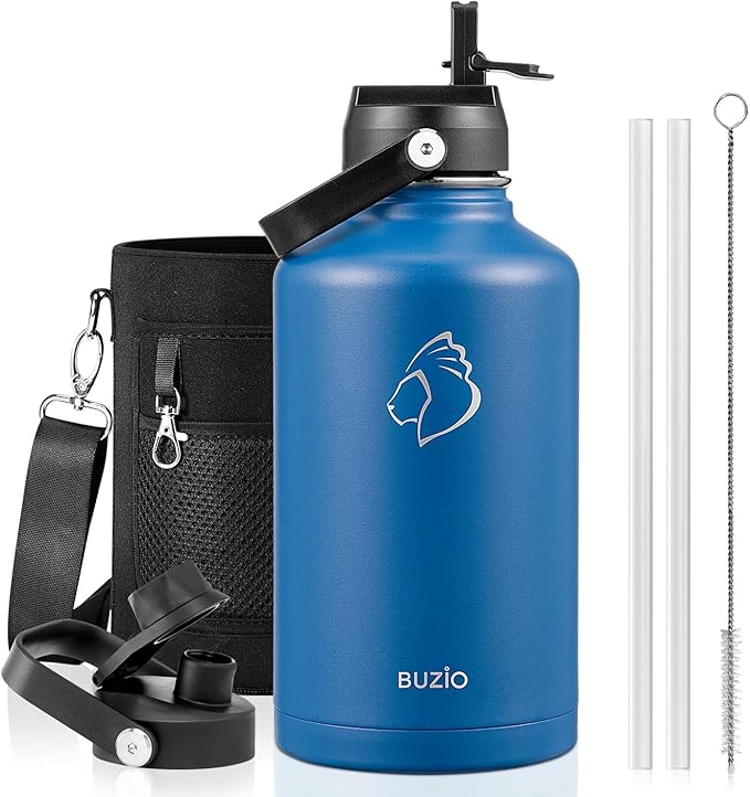 BUZIO Vacuum Insulated Stainless Steel Water Bottle (Cold for 48 Hrs/Hot for 24 Hrs), 64oz Double Walled Wide Mouth Sports Drink Flask with BPA Free Straw Lid and Flex Cap, Cobalt