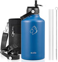 BUZIO Vacuum Insulated Stainless Steel Water Bottle (Cold for 48 Hrs/Hot for 24 Hrs), 64oz Double Walled Wide Mouth Sports Drink Flask with BPA Free Straw Lid and Flex Cap, Cobalt