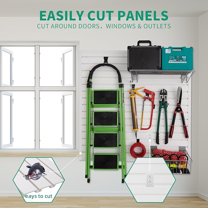 FRAYSCENT Slat Wall Paneling Garage Slat Wall Storage Systems Slatwall Panels Power Tool Organizer Wall Mount, PVC Garage Storage & Organization Products Slate Board (White, 4ft x 4ft)
