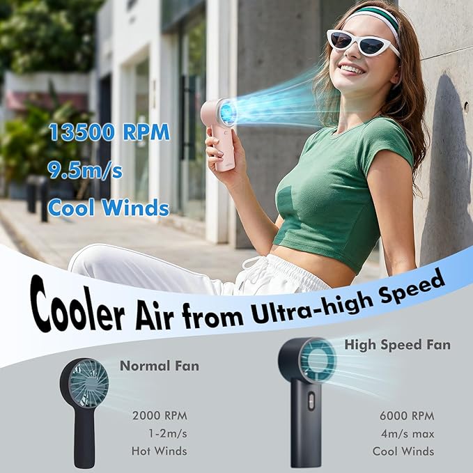 WHATOOK Portable Handheld Turbo Fan, 5 Speeds Mini Personal Fan with 4000mAh Rechargeable Battery, Small Pocket Fan for Travel Essentials, Beach, Office, Gifts for Women Men - Baby Pink