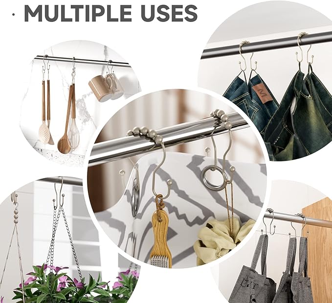 Bathway Shower Curtain Hooks Rust Proof Shower Curtain Rings, Smooth Glide Double Hook Shower Curtain Hooks,Shower Hooks for Shower Curtain Matte Nickel Shower Rod Hooks Shower Curtain Hangers 12Pcs