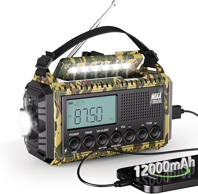 Emergency Radio 12000, Auto Digital Weather Radio Portable AM FM SW NOAA, Battery Operated Rechargeable Solar Hand Crank Radio with Flashlight, Cell Phone Charger, SOS, Type C Adapter