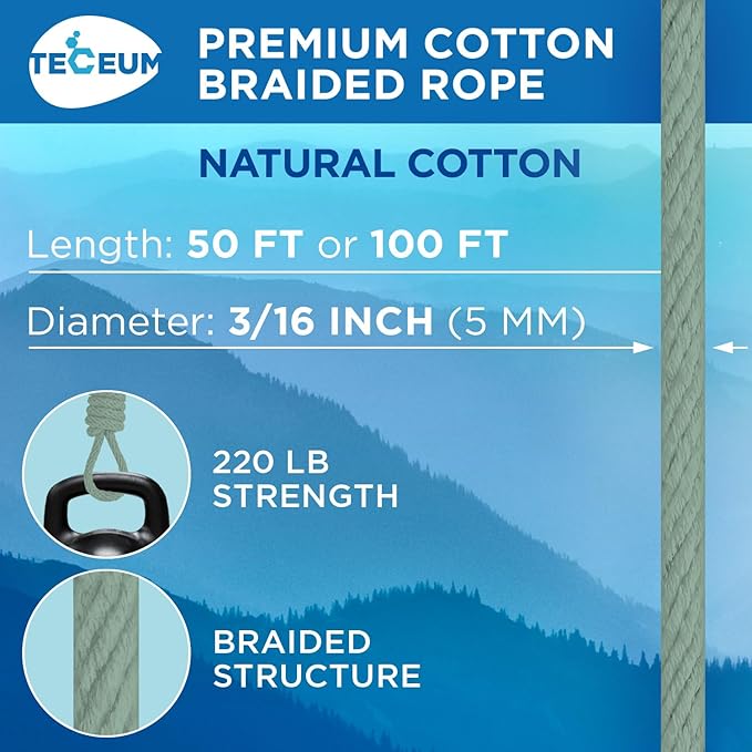 TECEUM Cotton Rope 3/16” (5 mm) – 50 FT – Strong All-Purpose Braided Rope – Natural Cotton – for Crafting, Сamping, Clothes Line, DIY, Indoor & Outdoor Use – Soft Sage