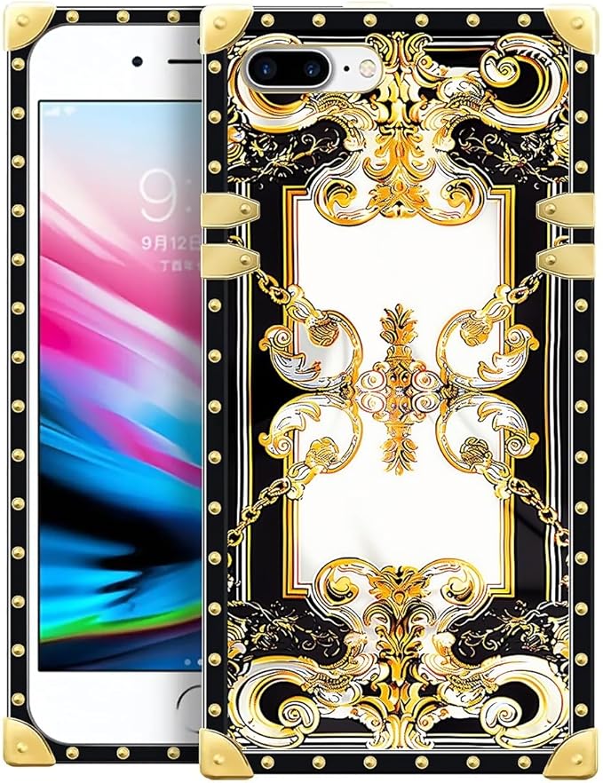 Compatible with iPhone 8 Plus 7 Plus Case, Gold Grain Flowers Luxury Golden Decoration for Girl Women Soft TPU Shockproof Protective Hard PC Back for iPhone 8 Plus 7 Plus