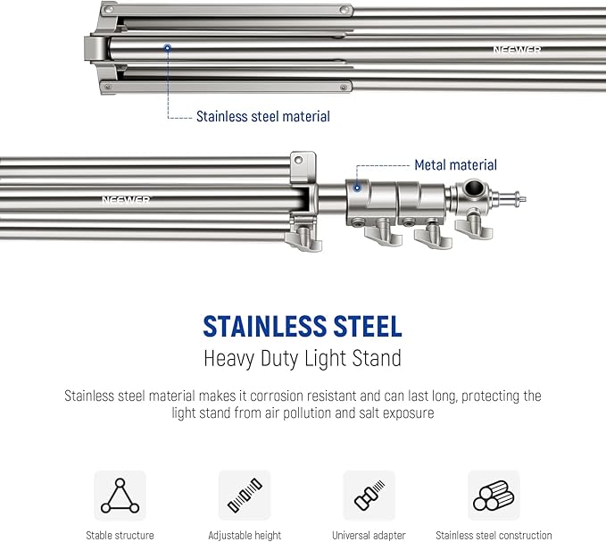 NEEWER 7.2ft/2.2m Stainless Steel Light Stand, Spring Cushioned Heavy Duty Photography Tripod Stand with 1/4” to 3/8” Screw Adapter for Strobe,LED Video Light,Ring Light, Monolight, Softbox