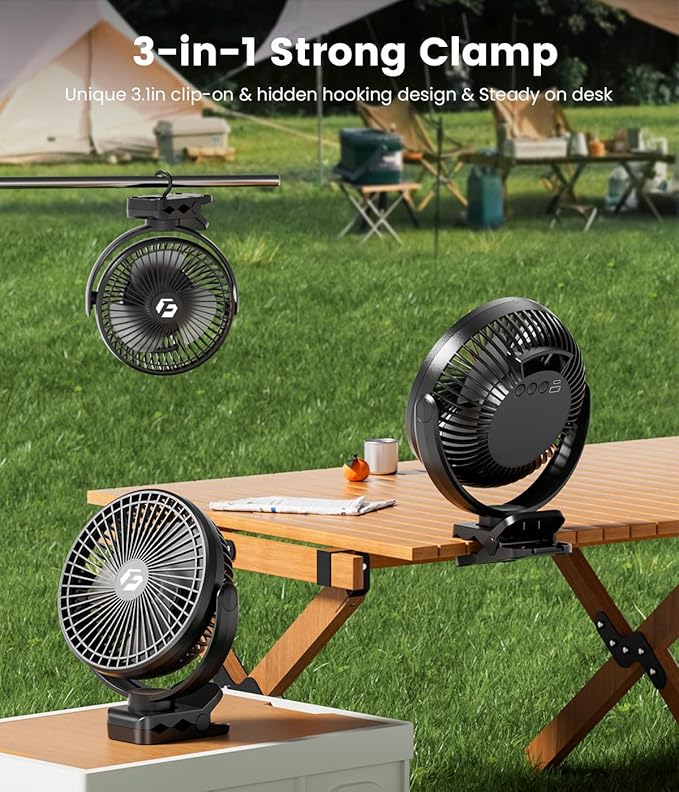 40000mAh Clip on Fan for Golf Cart - 8-inch Portable Rechargeable Fans - Max Up to 150Hrs Work Time - Battery Operated Fan with LED, Remote, Timers, Hook for Office, Desk, Camping, Treadmill, Tent