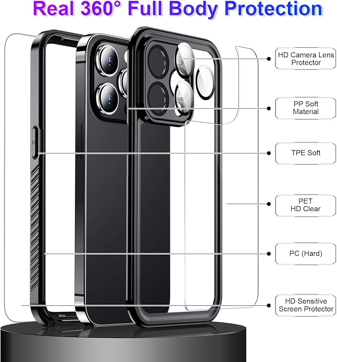 Temdan Compatible with iPhone 14 Pro Max Case Waterproof, Built-in Screen & Camera Protector IP68 Underwater Full Body 14FT Military Dropproof Shockproof Phone Case 6.7"-Black/Clear