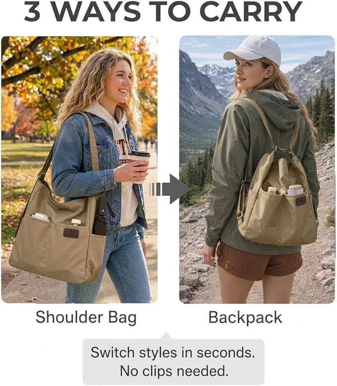 Women's Convertible Backpack Purse - Water-Resistant Nylon Travel Bag - Large Capacity 3-Way Shoulder Tote & Daypack