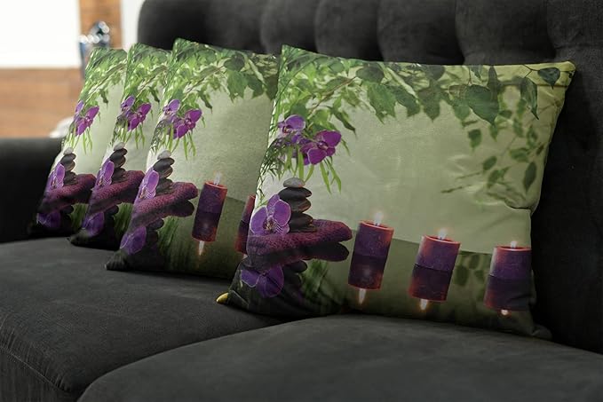 Ambesonne Spa Throw Pillow Cushion Case Pack of 4, Stones Aromatic Candles and Orchids Blooms Treatment Vacation, Modern Accent Double-Sided Digital Printing, 24", Green Purple